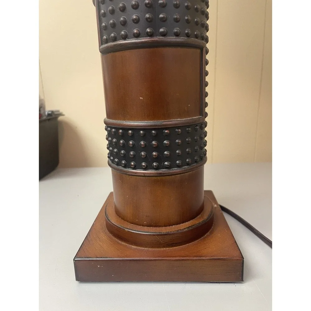 Mid-Century Style Faux Wood Studded Table Lamp w/ Beige Drum Shades Works